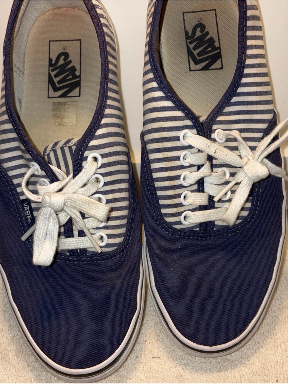 Vans by J.Crew Navy and White Seersucker Striped Canvas Sneakers men’s size 10